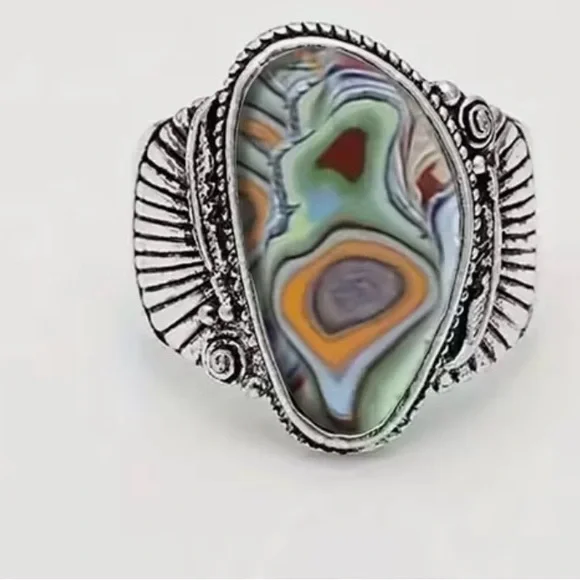 Silver Tone Abalone Ring Size 7 - Picture 2 of 5